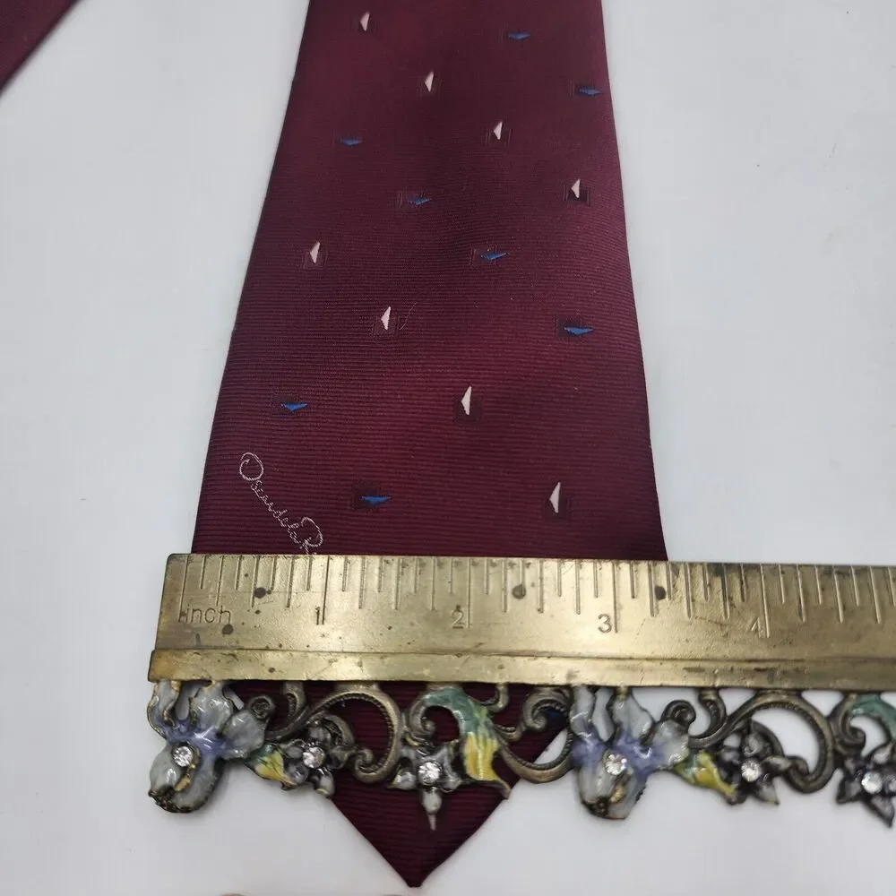 Vintage Oscar de la Renta Couture Tie Maroon Wine Spellout Logo Embroidery 58